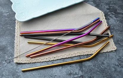 Reusable Drinking Straw 304 Stainless Steel Straws Straight Bent Metal Straw with Cleaner Brush Pouch