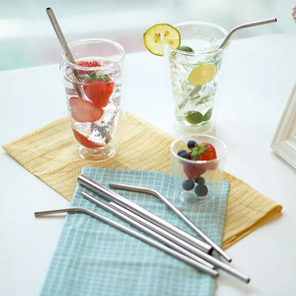 Reusable Drinking Straw 304 Stainless Steel Straws Straight Bent Metal Straw with Cleaner Brush Pouch