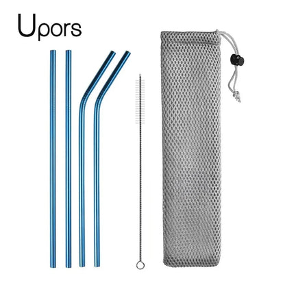 Reusable Drinking Straw 304 Stainless Steel Straws Straight Bent Metal Straw with Cleaner Brush Pouch