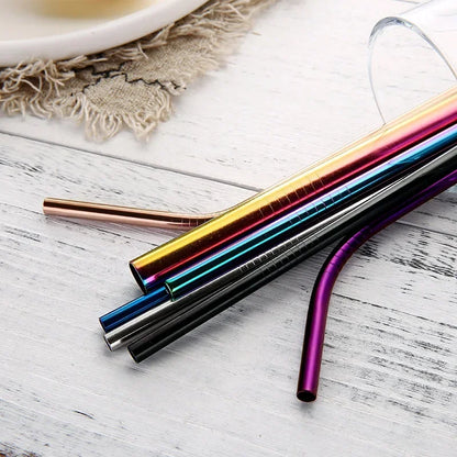 Reusable Drinking Straw 304 Stainless Steel Straws Straight Bent Metal Straw with Cleaner Brush Pouch