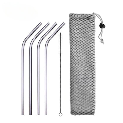 Reusable Drinking Straw 304 Stainless Steel Straws Straight Bent Metal Straw with Cleaner Brush Pouch
