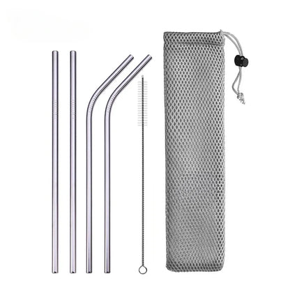 Reusable Drinking Straw 304 Stainless Steel Straws Straight Bent Metal Straw with Cleaner Brush Pouch