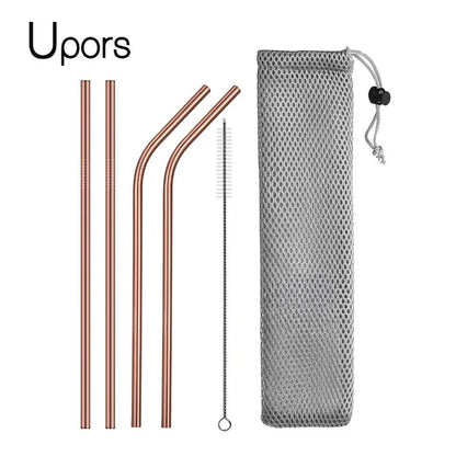 Reusable Drinking Straw 304 Stainless Steel Straws Straight Bent Metal Straw with Cleaner Brush Pouch