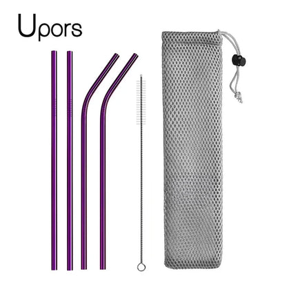 Reusable Drinking Straw 304 Stainless Steel Straws Straight Bent Metal Straw with Cleaner Brush Pouch