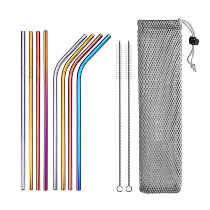Reusable Drinking Straw 304 Stainless Steel Straws Straight Bent Metal Straw with Cleaner Brush Pouch