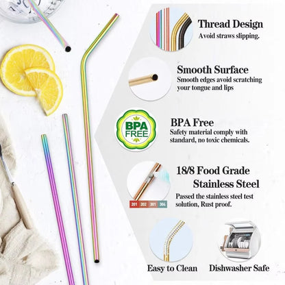 Reusable Drinking Straw 304 Stainless Steel Straws Straight Bent Metal Straw with Cleaner Brush Pouch