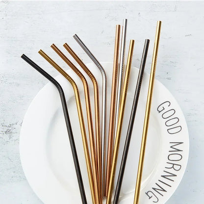 Reusable Drinking Straw 304 Stainless Steel Straws Straight Bent Metal Straw with Cleaner Brush Pouch