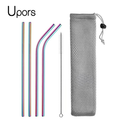 Reusable Drinking Straw 304 Stainless Steel Straws Straight Bent Metal Straw with Cleaner Brush Pouch